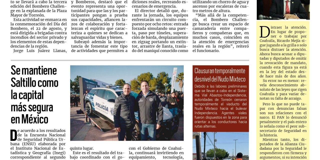 Portada RCG Lagunera [25 de julio de 2025] Anuncian tercera edición del Bombero Challenge; se mantiene Saltillo como la capital más segura en México y más…