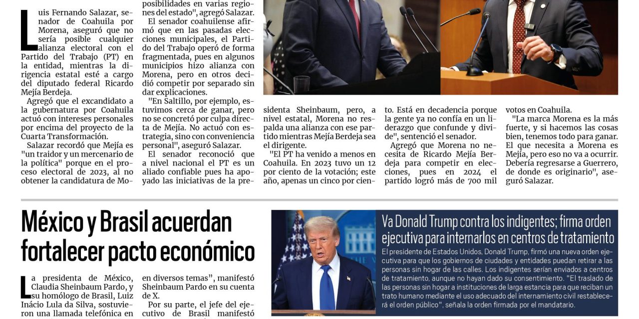 Portada RCG Nacional e Internacional [25 de julio de 2025] Rechaza Morena alianza con el PT Coahuila de Mejía Berdeja; México y Brasil acuerdan fortalecer pacto económico y más…