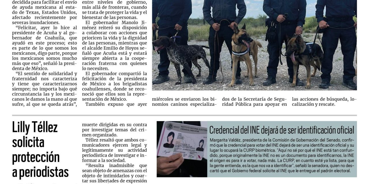 Portada RCG Nacional e Internacional [10 de julio de 2025] Sheinbaum reconoce a Manolo Jiménez y a Emilio de Hoyos por enviar ayuda a Texas; Lilly Téllez solicita protección para periodistas y más…