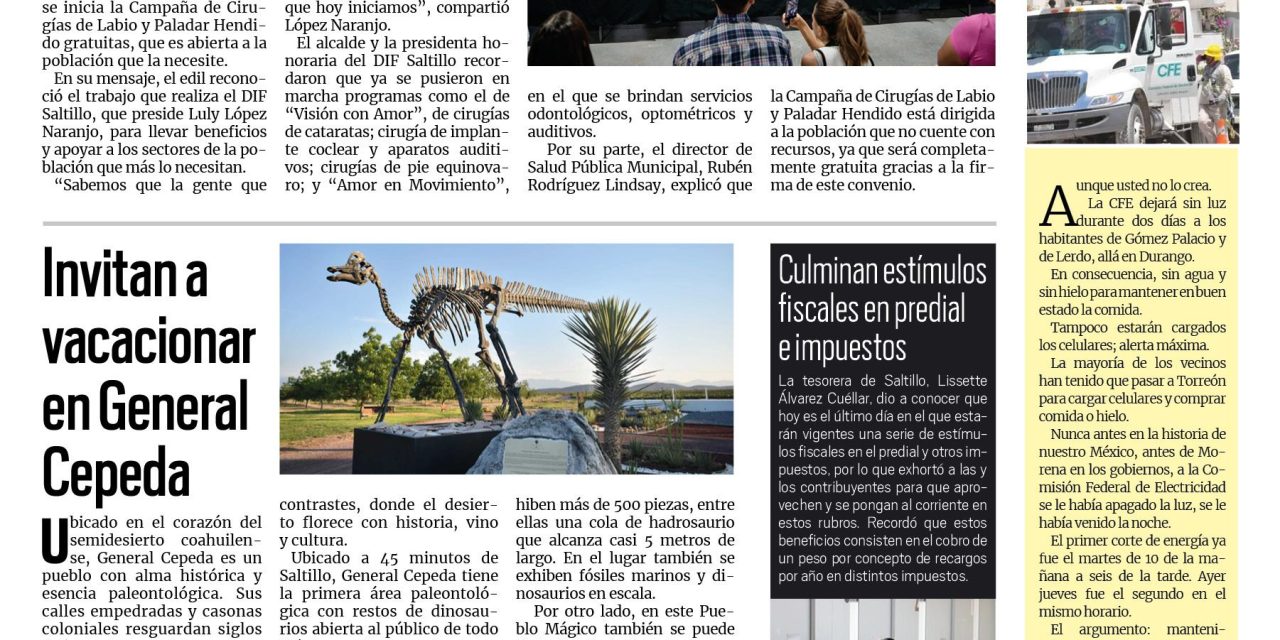 Portada RCG Media [31 de julio de 2025] Inicia DIF Saltillo Campaña de Cirugías de Labio y Paladar Hendido; invitan a vacacionar en General Cepeda y más…