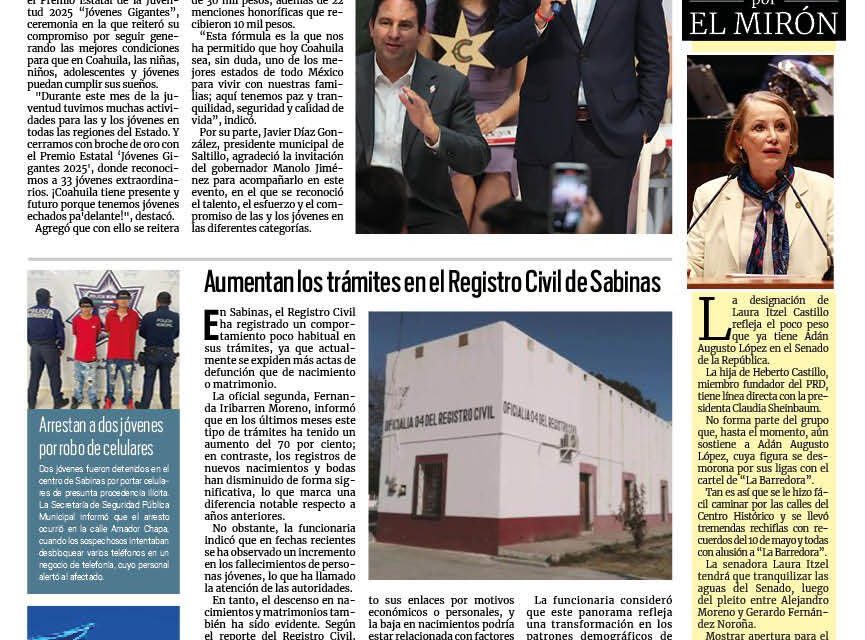 Portada RCG Carbonífera [30 de agosto de 2025] Manolo Jiménez entrega el Premio Estatal ‘Jóvenes Gigantes’ 2025; aumentan los trámites en el Registro Civil de Sabinas y más…