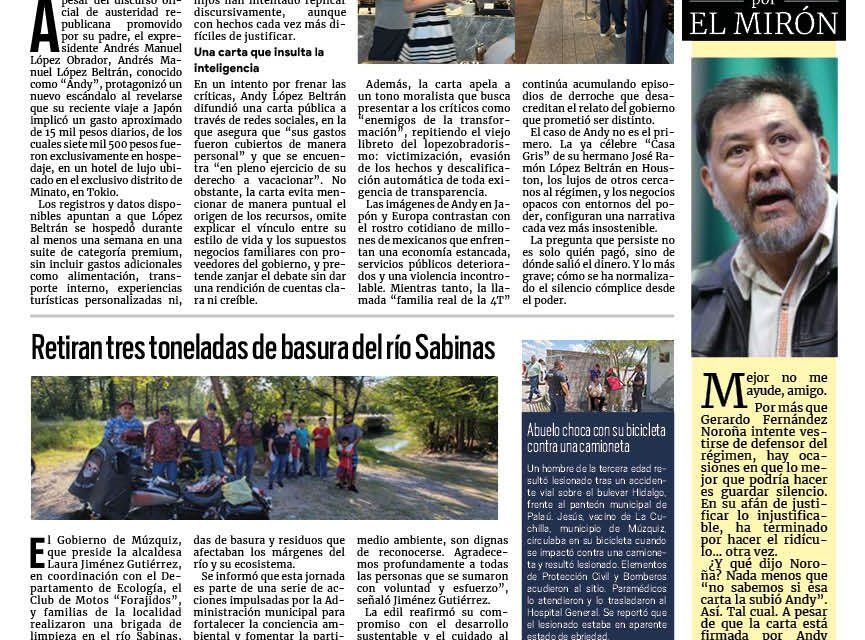 Portada RCG Carbonífera [7 de agosto de 2025] Hipocresía republicana: Andy gastó 15 mil pesos diarios en Japón; retiran tres toneladas de basura del río Sabinas y más…
