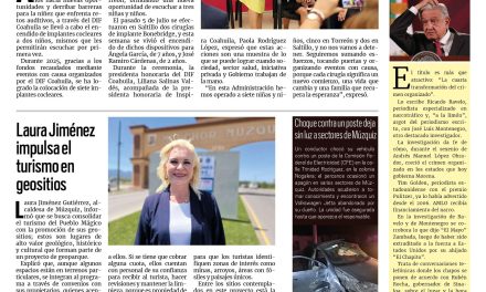 Portada RCG Carbonífera [11 de agosto de 2025] DIF Coahuila brinda oportunidades a menores de edad con problemas auditivos; Laura Jiménez impulsa el turismo en geositios y más…