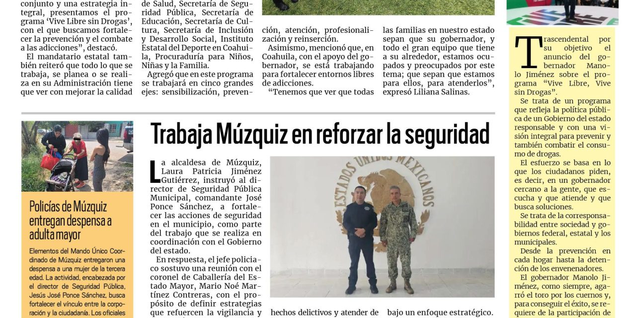 Portada RCG Carbonífera [26 de agosto de 2025] Manolo Jiménez inicia el programa ‘Vive Libre, Vive sin Drogas’; trabaja Múzquiz en reforzar la seguridad local y más…
