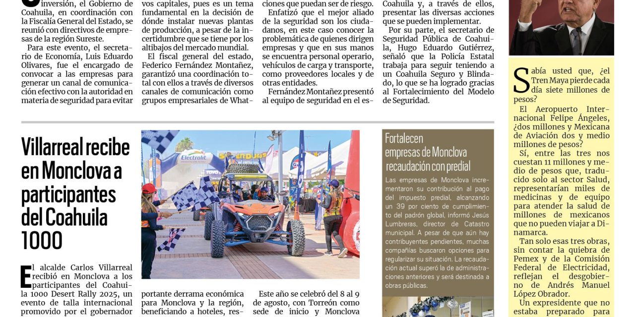 Portada RCG Centro [10 de agosto de 2025] Empresarios destacan el nivel de seguridad en Coahuila; Detecta Pronnif hasta tres embarazos adolescentes por semana y más…