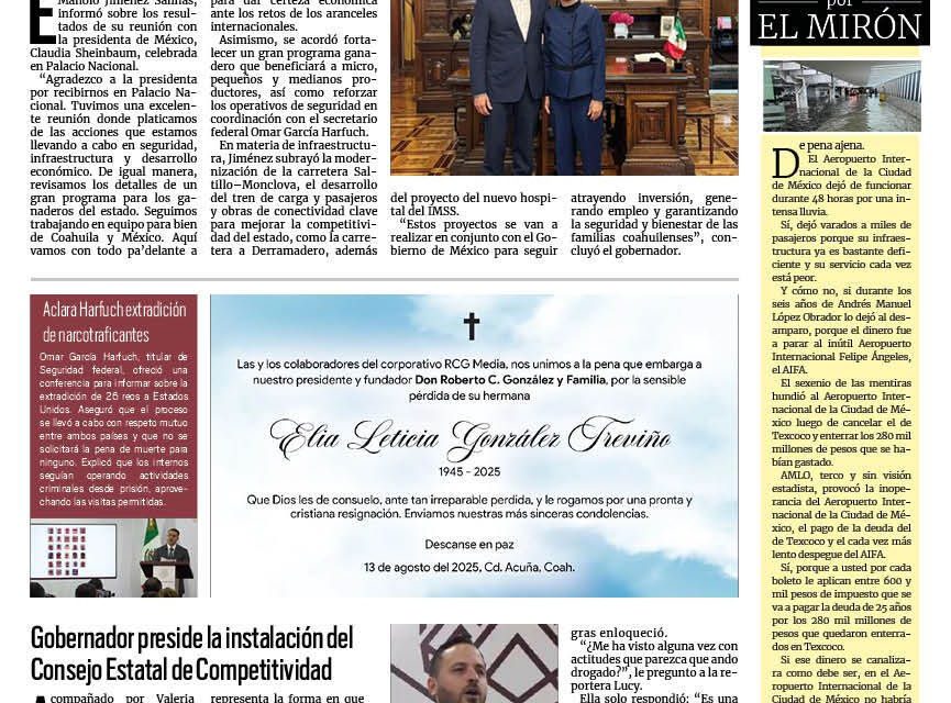 Portada RCG Centro [14 de agosto de 2025] Fortalecen Sheinbaum y Manolo proyectos para Coahuila; gobernador preside la instalación del Consejo Estatal de Competitividad y más…