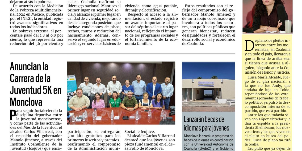 Portada RCG Centro [17 de agosto de 2025] Coahuila, entre los mejores indicadores nacionales: INEGI; Cierran comercios en Monclova por la crisis de AHMSA y más…