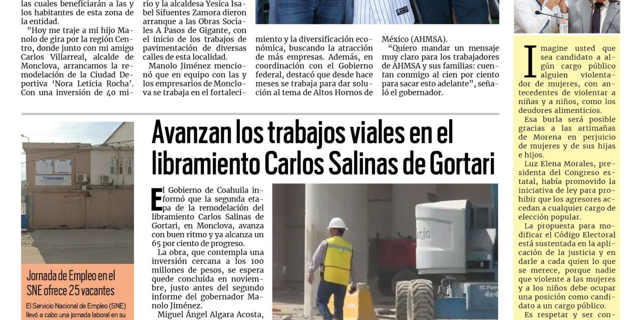 Portada RCG Centro [20 de agosto de 2025] Manolo Jiménez invierte más de 120 mdp en obras para la región Centro; avanzan los trabajos en el libramiento Carlos Salinas de Gortari y más…