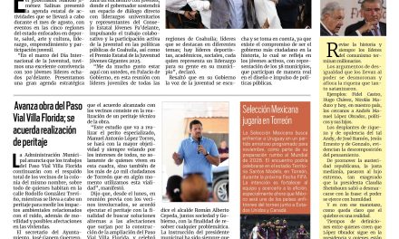 Portada RCG Lagunera [13 de agosto de 2025] Coahuila es grande porque tenemos una juventud fuerte; avanza obra del Paso Vial Villa Florida; se acuerda realización de peritaje y más…
