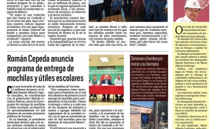 Portada RCG Lagunera [15 de agosto de 2025] Manolo Jiménez presenta el Festival del Rodeo Saltillo 2025; Román Cepeda anuncia programa de entrega de mochilas y útiles escolares y más…