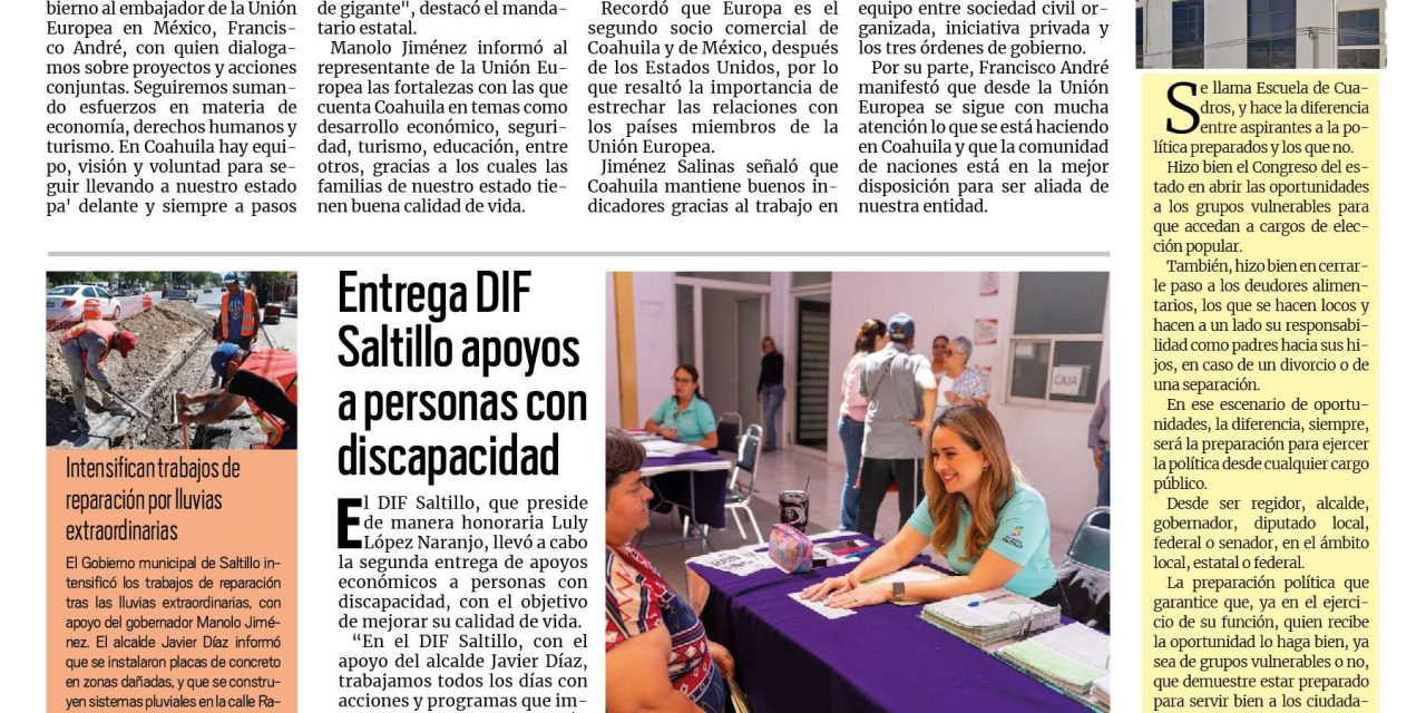Portada RCG Media [31 de agosto de 2025] Fortalece Coahuila relaciones con la Unión Europea: Manolo; Ruta Estudiantil de Ramos Arizpe tiene monitoreo en tiempo real y más…