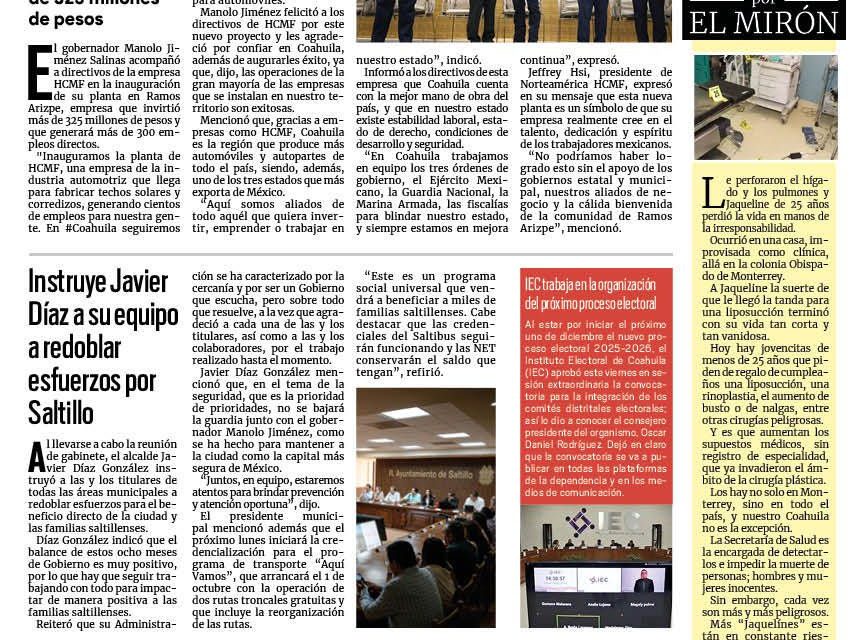 Portada RCG Media [16 de agosto de 2025] Llegan más oportunidades de empleo a Coahuila; instruye Javier Díaz a su equipo a redoblar esfuerzos por Saltillo y más…