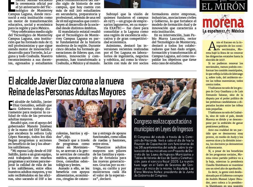 Portada RCG Media [23 de agosto de 2025] Coahuila reconoce el legado educativo en la región Laguna; Javier Díaz corona a la nueva Reina de las Personas Adultas Mayores y más…