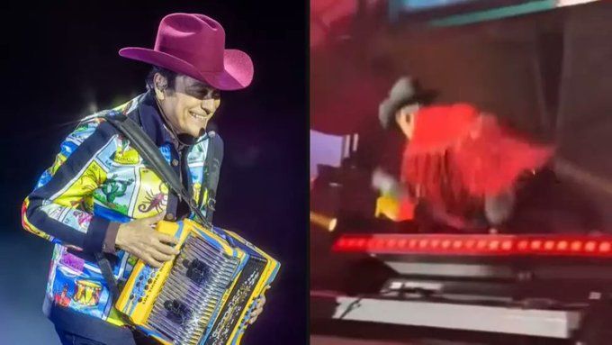 Vocalista de Los Tigres del Norte, sufre aparatosa caída en pleno concierto en San Luis Potosí