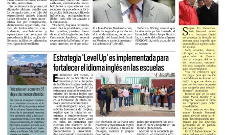 Portada RCG Carbonífera [4 de septiembre de 2025] PAN presenta denuncia contra Andrés Manuel López Beltrán; estrategia ‘Level Up’ es implementada para fortalecer el inglés en las escuelas y más…