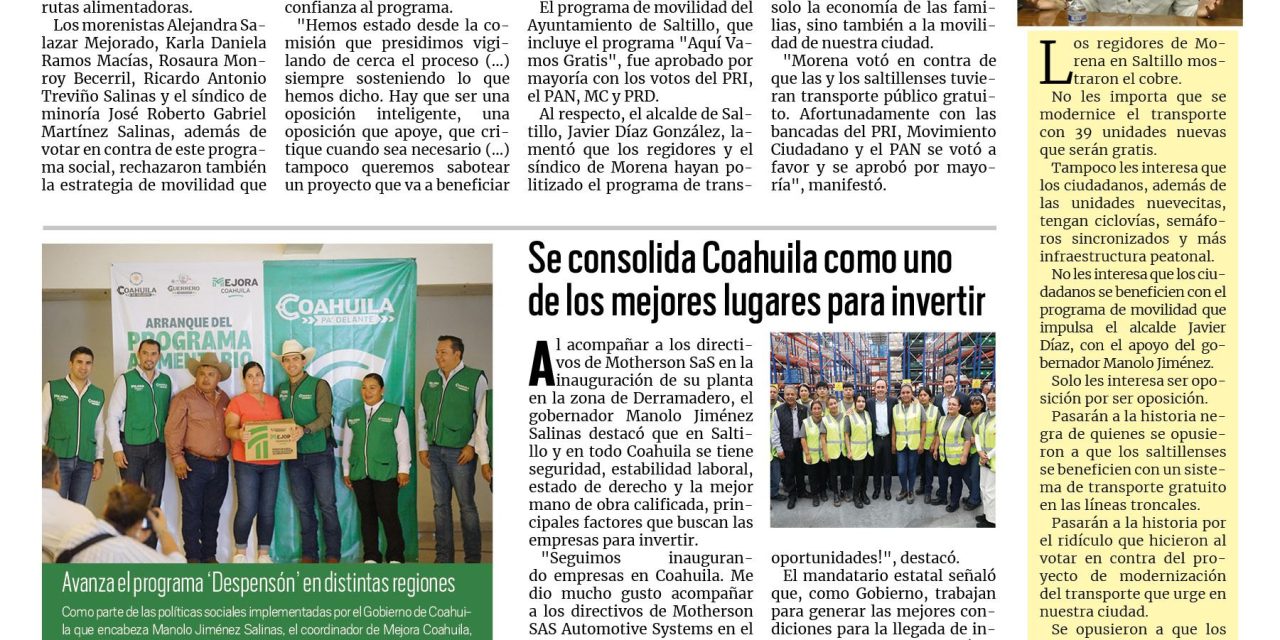 Portada RCG Carbonífera [11 de septiembre de 2025] Morena vota en contra del transporte gratis en Saltillo; se consolida Coahuila como uno de los mejores lugares para invertir y más…