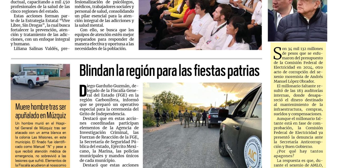 Portada RCG Carbonífera [15 de septiembre de 2025] DIF Coahuila capacita a personal de salud para atención de adicciones; Blindan la región para las fiestas patrias y más…