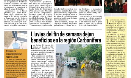 Portada RCG Carbonífera [16 de septiembre de 2025] ‘¡Viva la calidad de vida de Coahuila!’; lluvias dejan beneficios en la región Carbonífera y más…