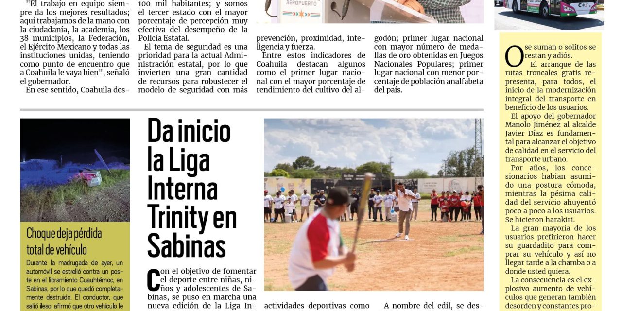 Portada RCG Carbonífera [29 de septiembre de 2025] Coahuila se coloca como uno de los estados más competitivos; da inicio la Liga Interna Trinity en Sabinas y más…