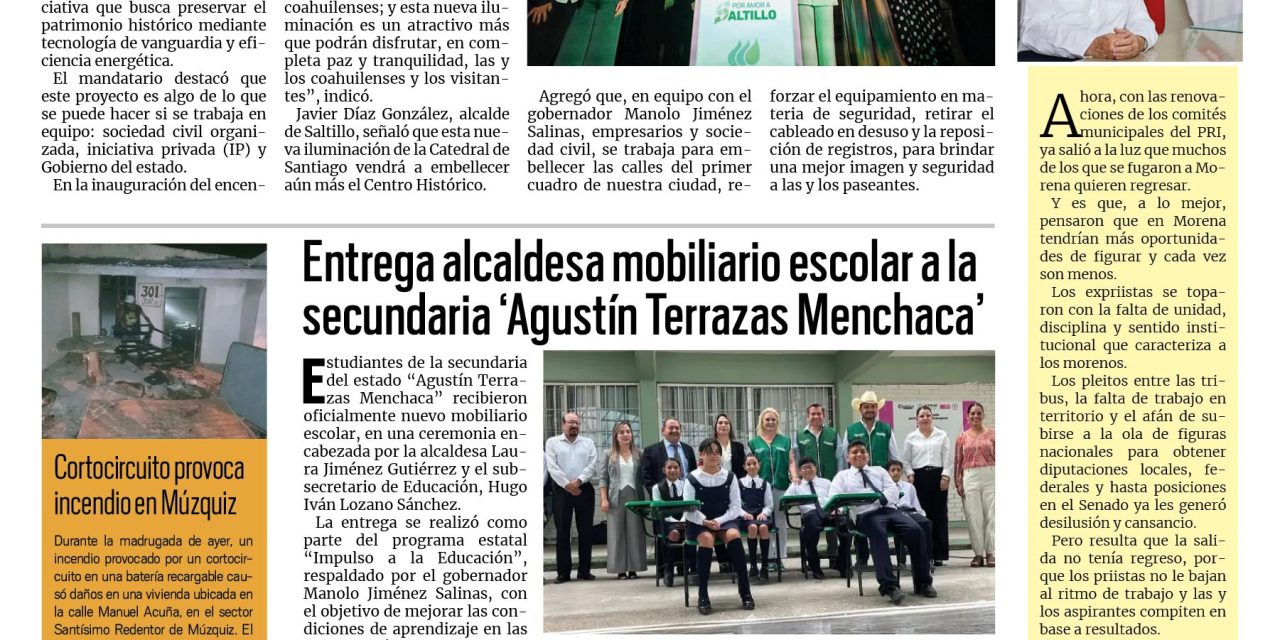 Portada RCG Carbonífera [30 de septiembre de 2025] Gobierno de Coahuila e IP iluminan la Catedral de Santiago Apóstol; entregan mobiliario escolar a la secundaria ‘Agustín Terrazas Menchaca’ y más…