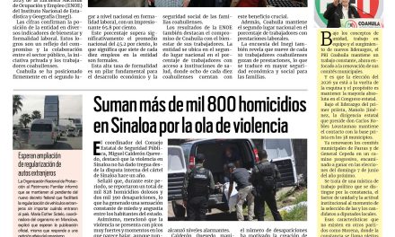 Portada RCG Centro [10 de septiembre de 2025] Coahuila se consolida como líder nacional en formalidad laboral; suman más de mil 800 homicidios en Sinaloa por ola de violencia y más…