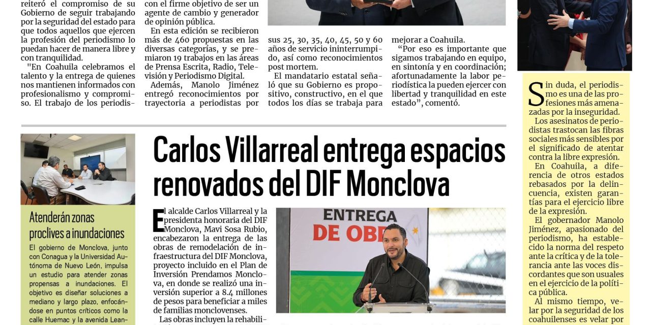 Portada RCG Centro [20 de septiembre de 2025] Manolo Jiménez entrega el Premio Estatal de Periodismo; Carlos Villarreal entrega espacios renovados del DIF Monclova y más…