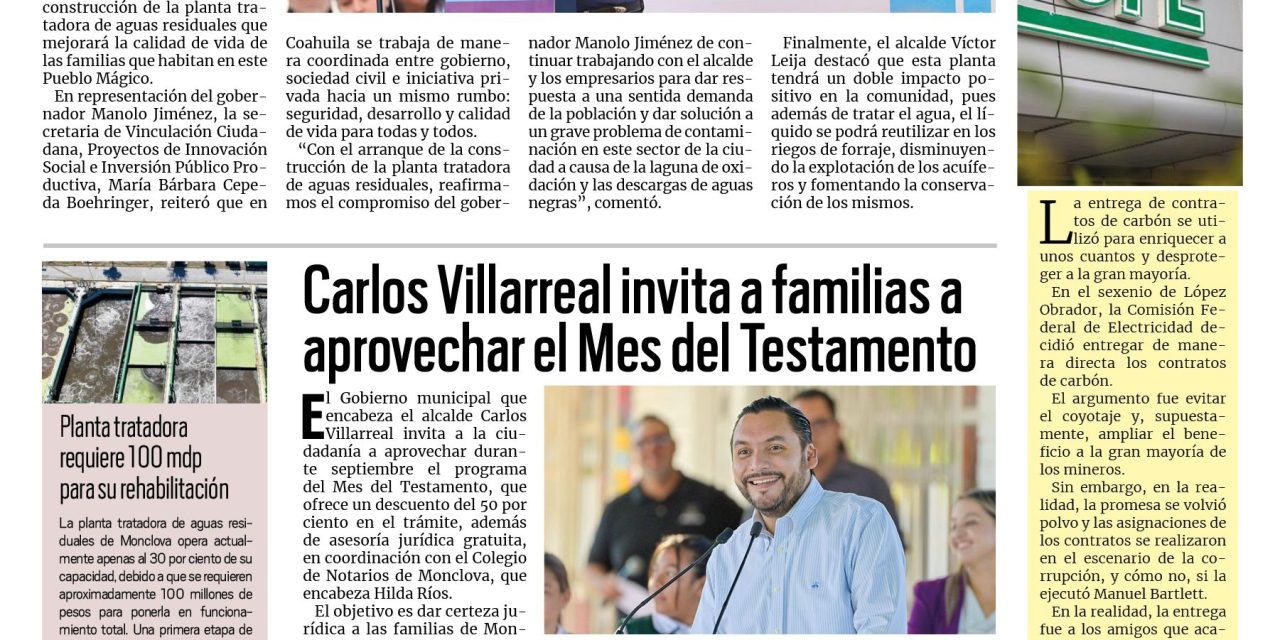 Portada RCG Centro [23 de septiembre de 2025] Arranca construcción de planta tratadora de aguas residuales; Carlos Villarreal invita a familias a aprovechar el Mes del Testamento y más…