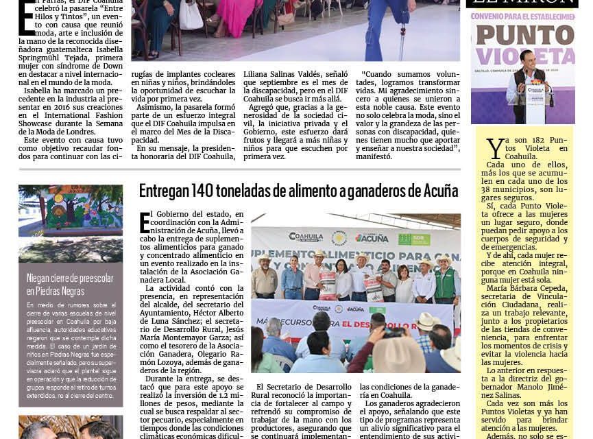 Portada RCG Fronteriza[6 de septiembre de 2025] DIF Coahuila realiza la pasarela ‘Entre Hilos y Tintos’; entregan 140 toneladas de alimento a ganaderos de Acuña y más..