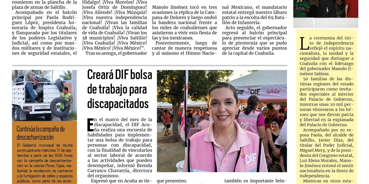 Portada RCG Fronteriza [16 de septiembre de 2025] ‘¡Viva la calidad de vida de Coahuila!’; creará DIF bolsa de trabajo para discapacitados y más…