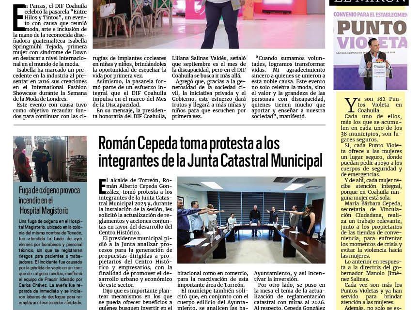 Portada RCG Lagunera [6 de septiembre de 2025] DIF Coahuila realiza la pasarela ‘Entre Hilos y Tintos’; Román Cepeda toma protesta a los integrantes de la Junta Catastral Municipal y más..