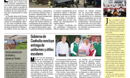 Portada RCG Lagunera [22 de septiembre de 2025] Autoridades estatales dan seguimiento al caso de un trabajador fallecido; Gobierno de Coahuila concluye entrega de uniformes y útiles escolares y más…