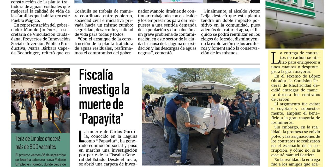 Portada RCG Lagunera [23 de septiembre de 2025] Arranca construcción de planta tratadora de aguas residuales; Fiscalía investiga la muerte de ‘Papayita’ y más…