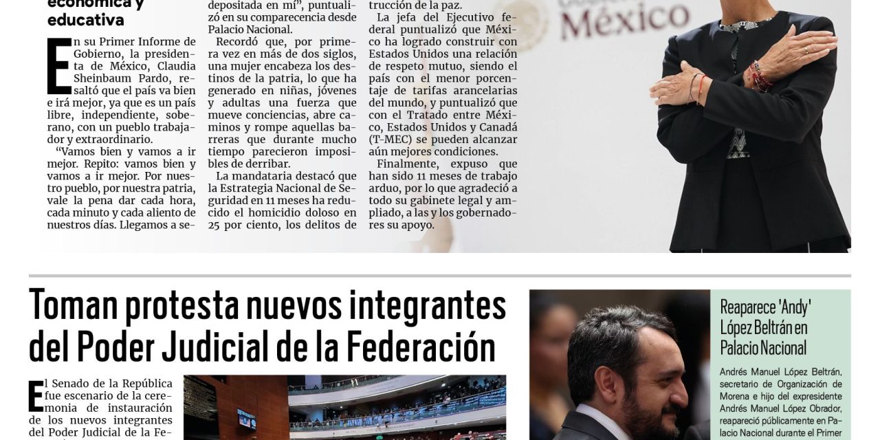 Portada RCG Nacional e Internacional [2 de septiembre de 2025] Claudia Sheinbaum presenta su Primer Informe de Gobierno; toman protesta nuevos integrantes del Poder Judicial de la Federación y más…
