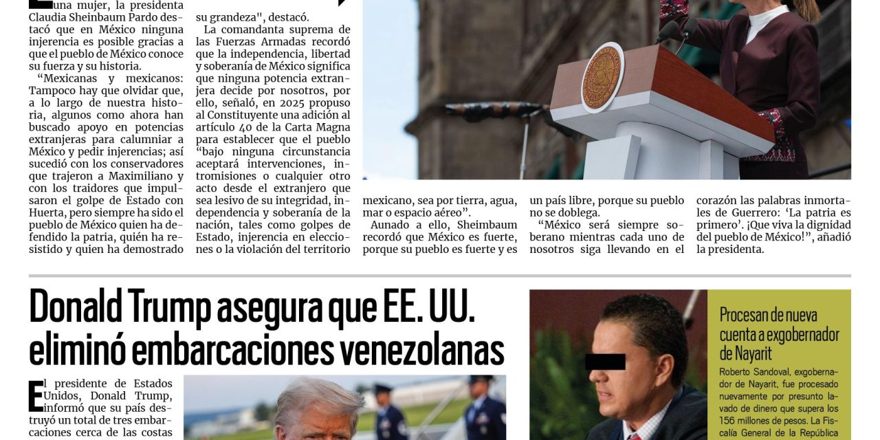 Portada RCG Nacional e Internacional [17 de septiembre de 2025] Claudia Sheinbaum preside el desfile en conmemoración de la Independencia; Donald Trump asegura que EE. UU. eliminó embarcaciones venezolanas y más…
