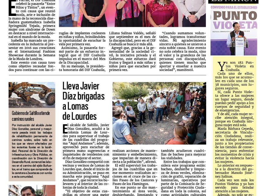 Portada RCG Media [6 de septiembre de 2025] DIF Coahuila realiza la pasarela ‘Entre Hilos y Tintos’; lleva Javier Díaz brigadas a Lomas de Lourdes y más..