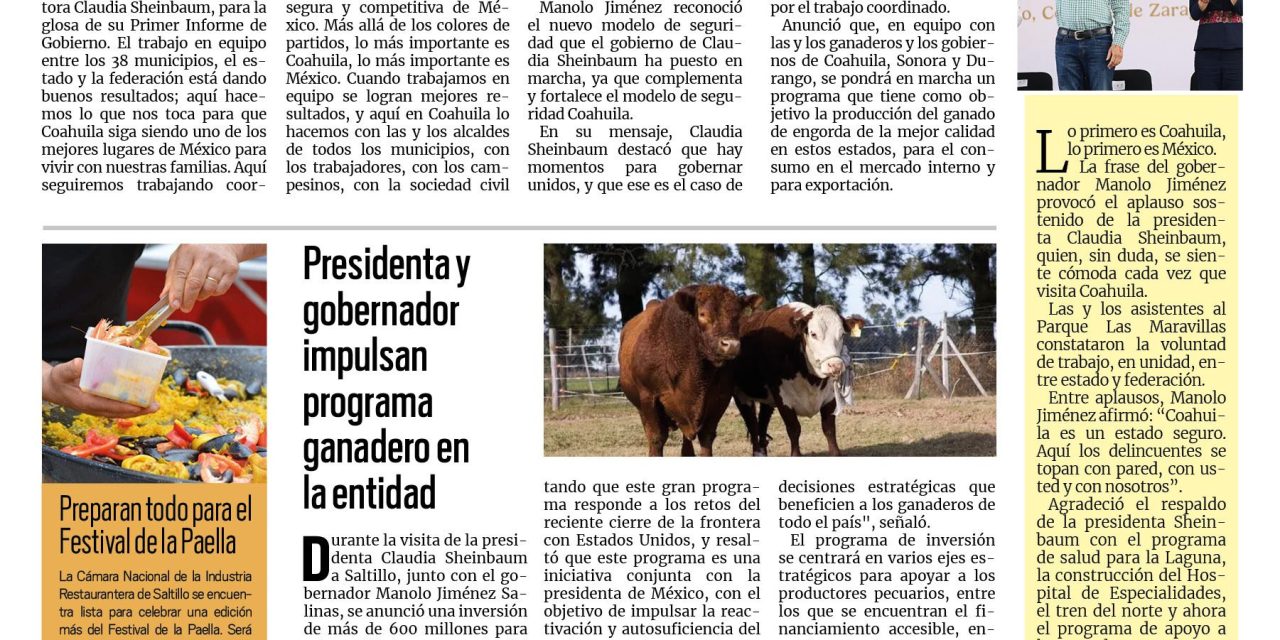 Portada RCG Media [8 de septiembre de 2025] En Coahuila, es momento de trabajar unidos: Claudia Sheinbaum; Presidenta y gobernador impulsan programa ganadero en la entidad y más…
