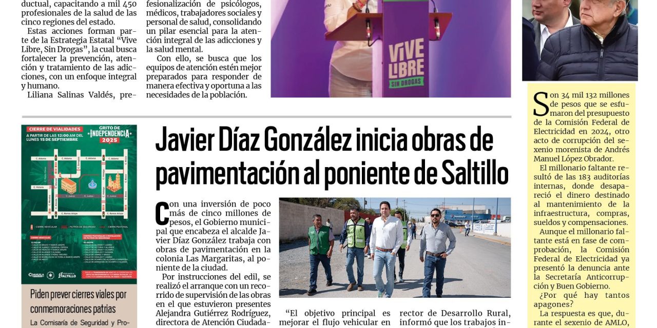 Portada RCG Media [15 de septiembre de 2025] DIF Coahuila capacita a personal de salud para atención de adicciones; Javier Díaz inicia obras de pavimentación al poniente de Saltillo y más…