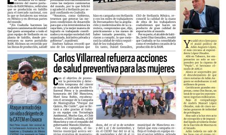 Portada RCG Centro [28 de octubre de 2025] Coahuila fabrica las mejores camionetas del mundo: Manolo ; Carlos Villarreal refuerza acciones de salud preventiva para las mujeres y más…