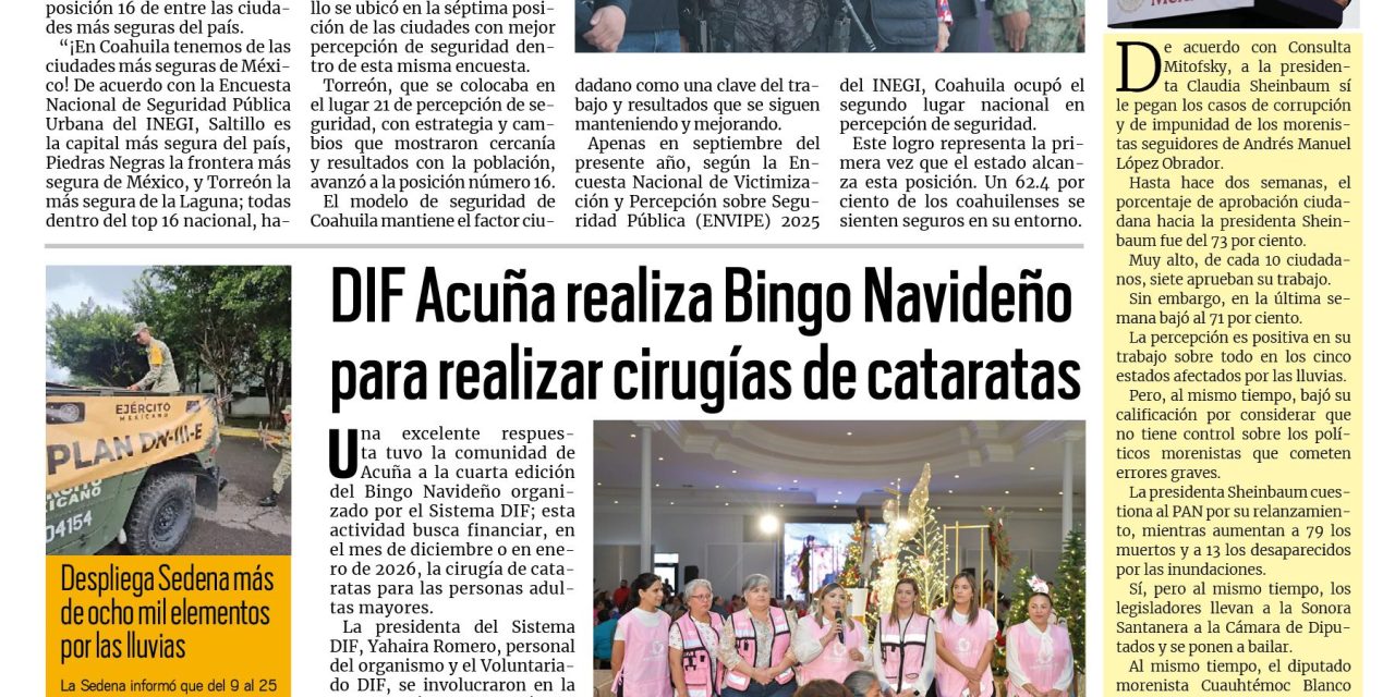 Portada RCG Fronteriza [27 de octubre de 2025] Coahuila tiene las ciudades más seguras de México; DIF Acuña realiza Bingo Navideño y más…