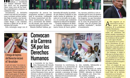 Portada RCG Lagunera [3 de octubre de 2025] Destacan resultados de la estrategia Mejora Coahuila; convocan a la Carrera 5K por los Derechos Humanos y más…