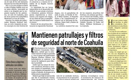 Portada RCG Lagunera [20 de octubre de 2025] Rodeo Saltillo rompe récord con 80 mil asistentes; mantienen patrullajes y filtros de seguridad al norte de Coahuila y más…