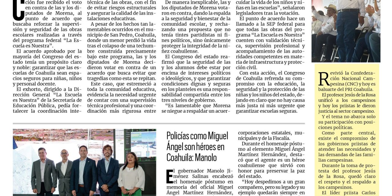 Portada RCG Media [29 de octubre de 2025] Diputados de Morena votan en contra de la seguridad de los estudiantes; Se suman 100 litros de agua por segundo al caudal de Saltillo y más…