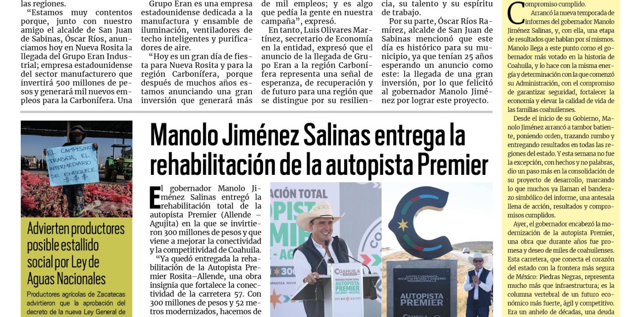 Portada RCG Carbonífera [13 de noviembre de 2025] Gobernador anuncia inversión millonaria en Nueva Rosita; Manolo Jiménez entrega la rehabilitación de la autopista Premier y más noticias…