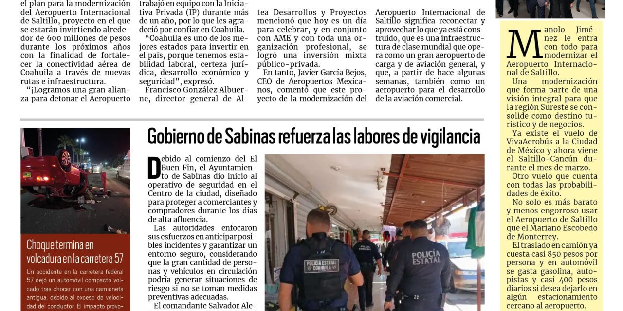 Portada RCG Carbonífera [14 de noviembre de 2025] Manolo Jiménez anuncia inversión para renovar el Aeropuerto de Saltillo; Gobierno de Sabinas refuerza las labores de vigilancia y más noticias…