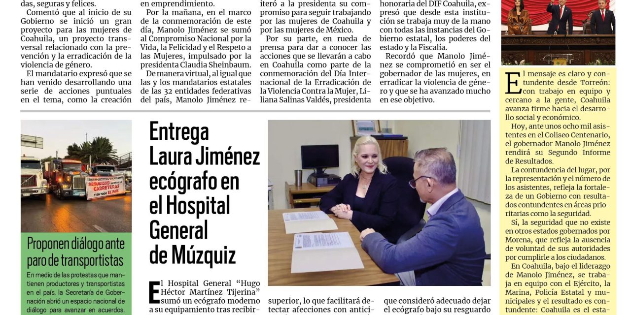 Portada RCG Carbonífera [26 de noviembre de 2025] Trabaja Coahuila para tener mujeres empoderadas, seguras y felices; entrega Laura Jiménez ecógrafo en el Hospital General y más…