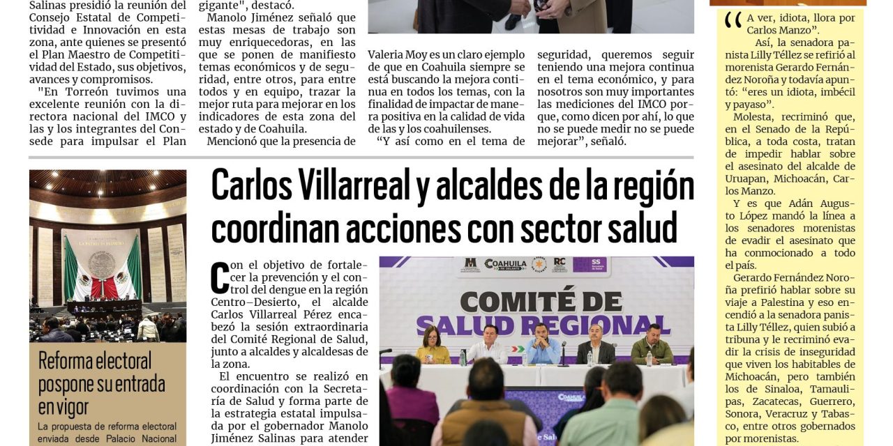 Portada RCG Centro [5 de noviembre de 2025] Se fortalecen los indicadores económicos de Coahuila; Carlos Villarreal y alcaldes de la región coordinan acciones con sector salud y más…