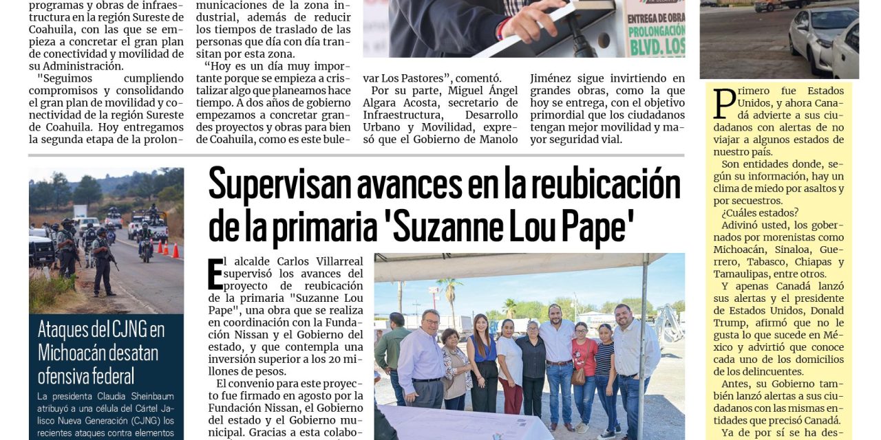Portada RCG Centro [19 de noviembre de 2025] Tenemos un gran proyecto de conectividad y movilidad: Manolo Jiménez; supervisan avances en la reubicación de la Primaria Suzanne Lou Pape y más noticias…