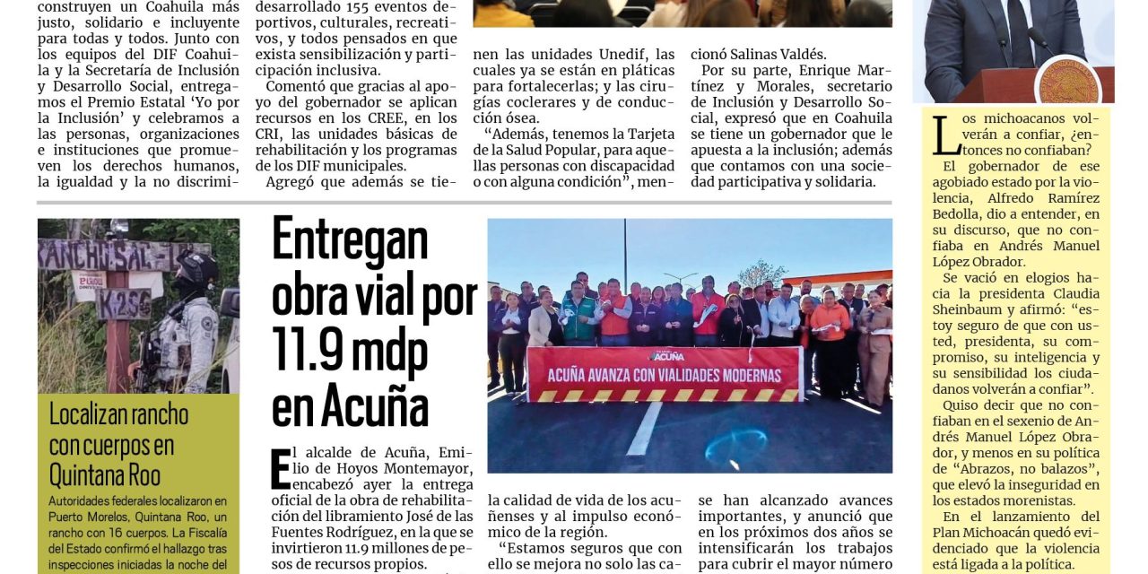 Portada RCG Fronteriza [11 de noviembre de 2025] Manolo Jiménez entrega el premio estatal ‘Yo por la Inclusión’; entregan obra vial por 11.9 mdp en Acuña y más noticias…