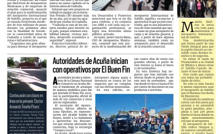 Portada RCG Fronteriza [14 de noviembre de 2025] Manolo Jiménez anuncia inversión para renovar el Aeropuerto de Saltillo; autoridades de Acuña inician con operativos por El Buen Fin y más noticias…