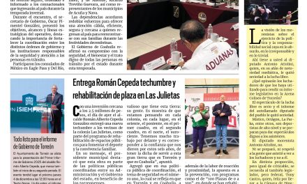 Portada RCG Lagunera [22 de noviembre de 2025] Coahuila fortalece el Operativo Bienvenidos Paisanos 2025; entrega Román Cepeda techumbre y rehabilitación de plaza en Las Julietas y más noticias…